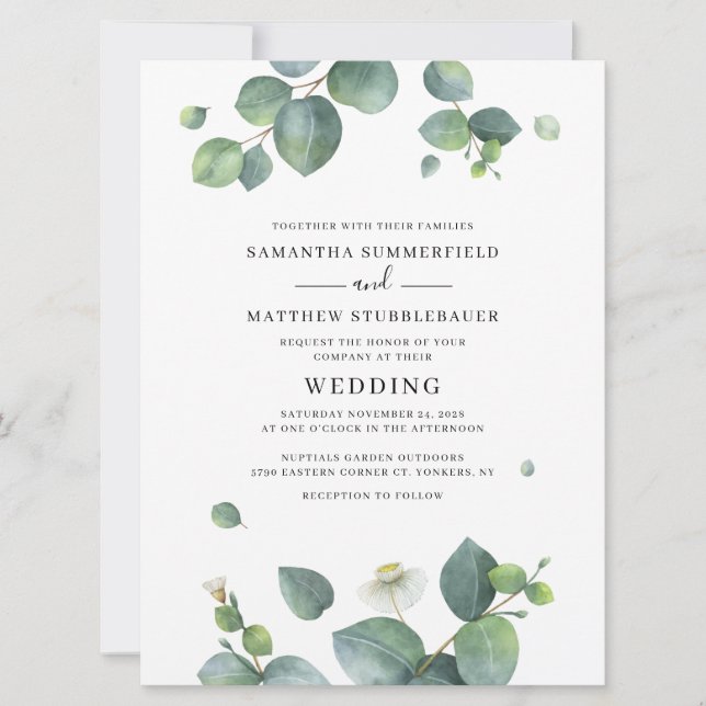 Invitation Verdure Botanique Eucalyptus Mariage d'aquarelle (Devant)