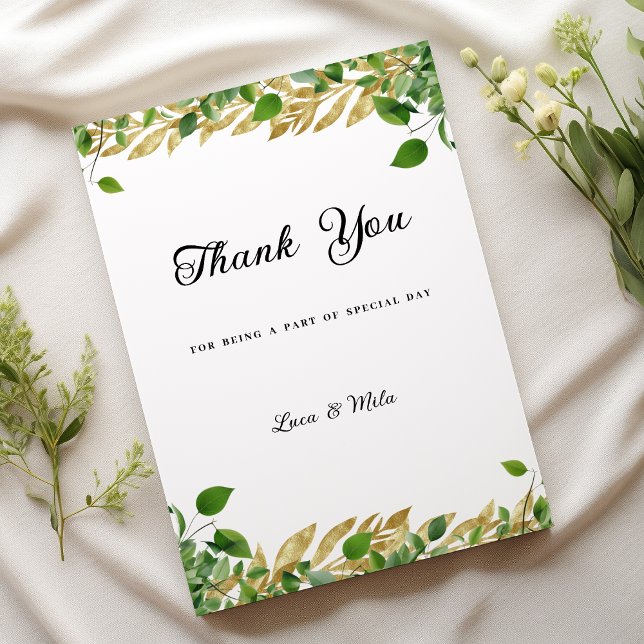 Invitation Verdure botanique feuille d'or Merci (Botanical greenery gold foliage Thank You)