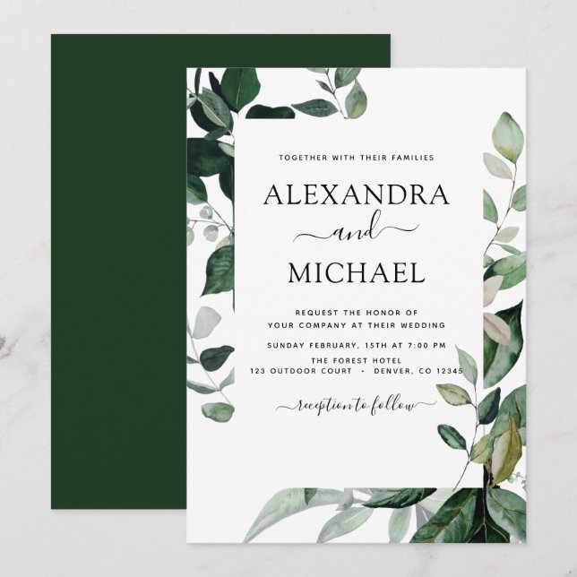 Invitation Verdure botanique Foliage Aquarelle Mariage Invi (Devant / Derrière)