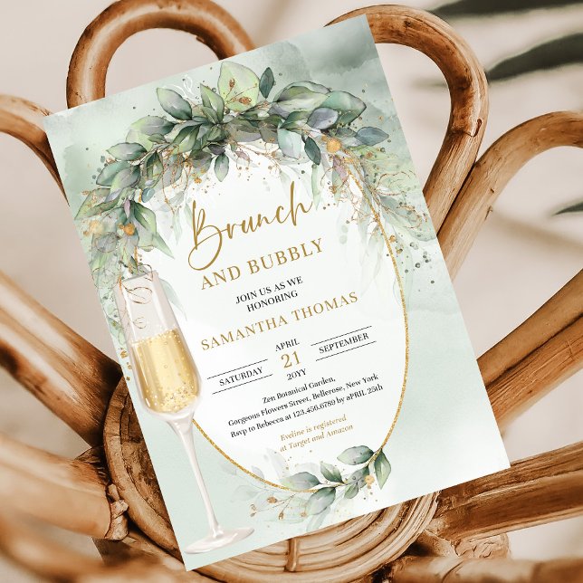 Invitation Verdure botanique moderne & or Brunch et bulle (Rustic watercolor eucalyptus greenery gold brunch and bubbly invitation digital)
