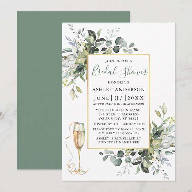 Invitation Verdure Champagne Verre Sage Fête des mariées vert (Devant / Derrière)
