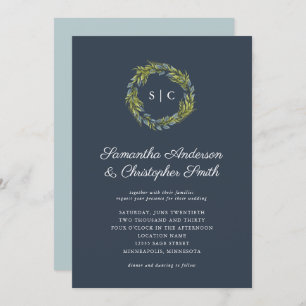 Invitation Verdure couronne Monogramme noir Turquoise bleu Ma