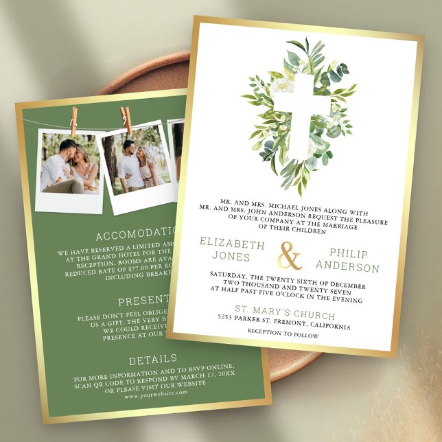 Invitation Verdure Croix Tout en Un Mariage Catholique (Créateur téléchargé)