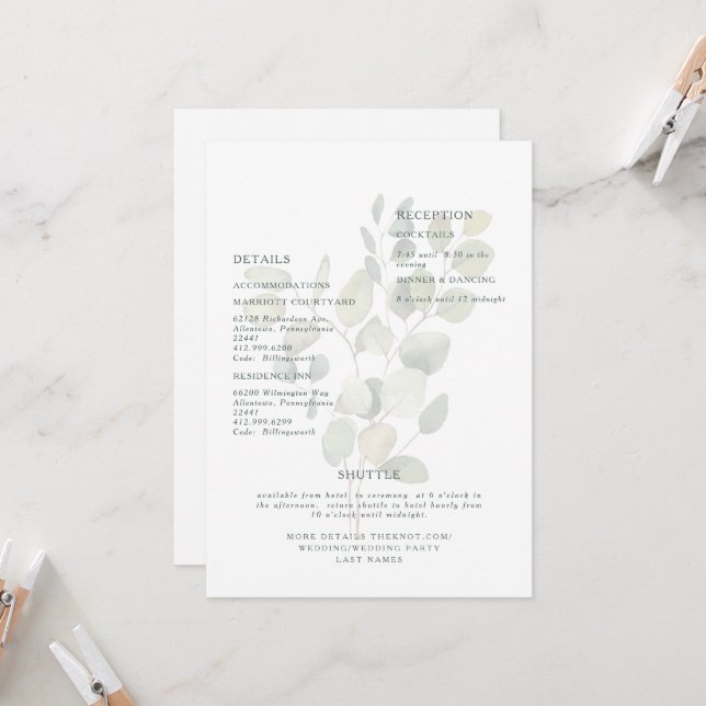 Invitation Verdure d'eucalyptus assourdie Typographie sarcell (Devant/Arrière en situation)