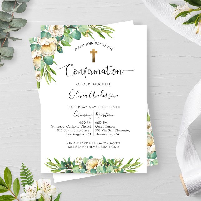 Invitation Verdure et blanc Or Jaune Confirmation Florale (Créateur téléchargé)