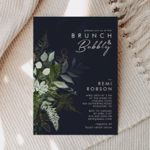 Invitation Verdure et feuille d'or Dark Navy Brunch et Bubbly