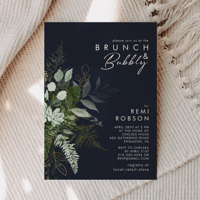 Invitation Verdure et feuille d'or Dark Navy Brunch et Bubbly (Créateur téléchargé)