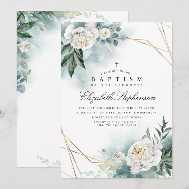 Invitation Verdure et fleurs blanches Élégant Baptême moderne (Devant / Derrière)