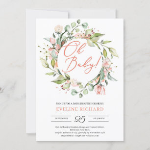Invitation Verdure et rose vif couronne florale Oh bébé