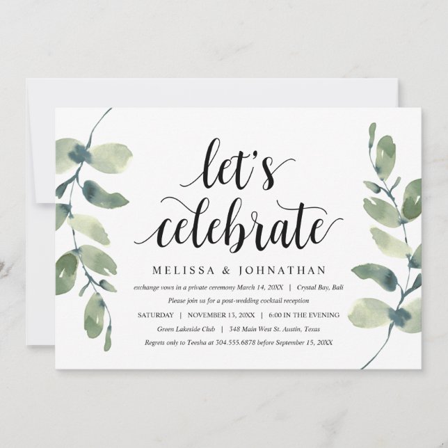 Invitation Verdure Eucalyptus, Encre Noire, Mariage en Elopem (Devant)