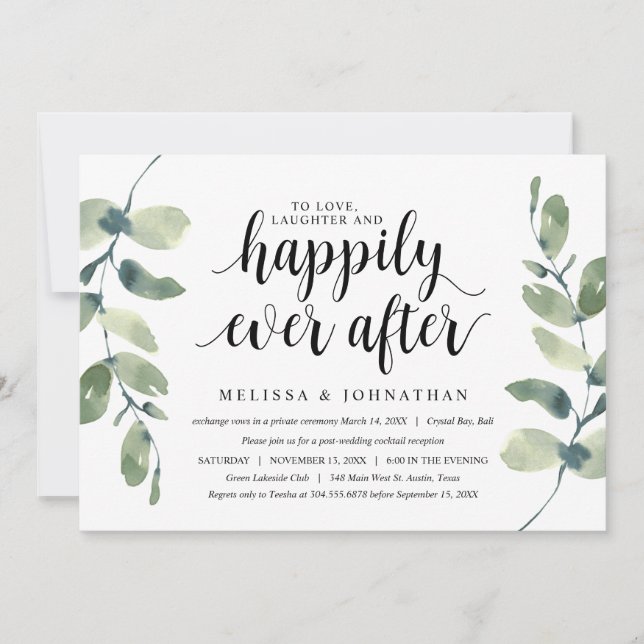 Invitation Verdure Eucalyptus, Encre Noire, Mariage en Elopem (Devant)