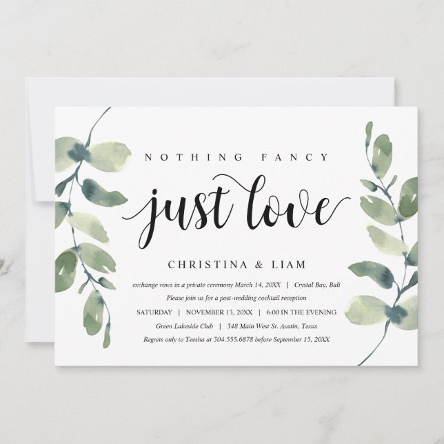 Invitation Verdure Eucalyptus, Encre noire, Mariage en fuite (Devant)