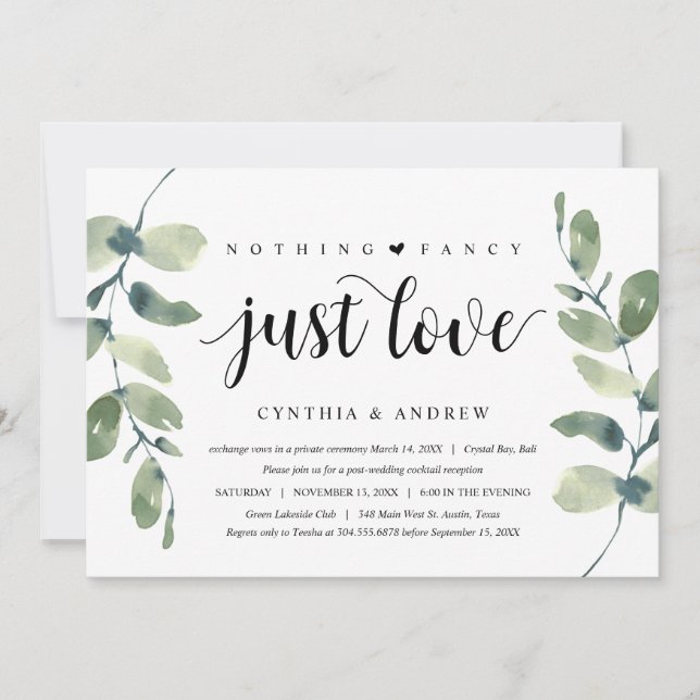 Invitation Verdure Eucalyptus, Encre noire, Mariage en fuite (Devant)