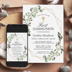 Invitation Verdure Eucalyptus Gold Première communion géométr
