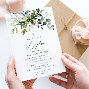Invitation Verdure, Feuilles d'eucalyptus, Boho, Baptême