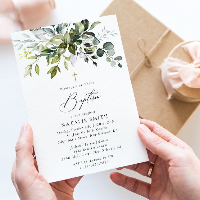 Invitation Verdure, Feuilles d'eucalyptus, Boho, Baptême (Créateur téléchargé)