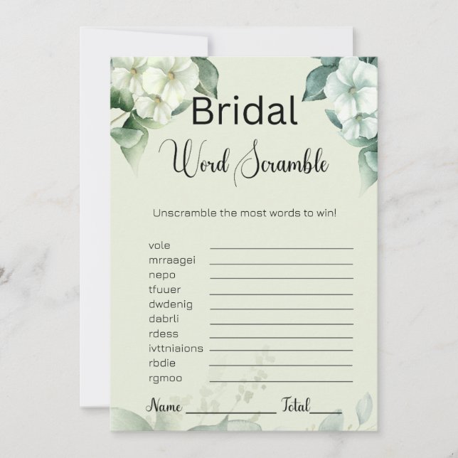 Invitation Verdure & Fleurs Bridal Green Word Scramble Jeu (Devant)