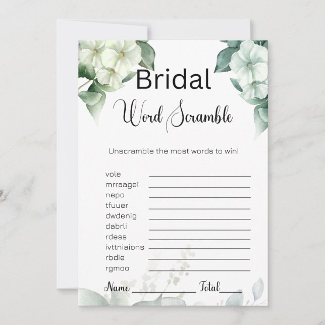Invitation Verdure & Fleurs Bridal White Word Scramble Jeu (Devant)