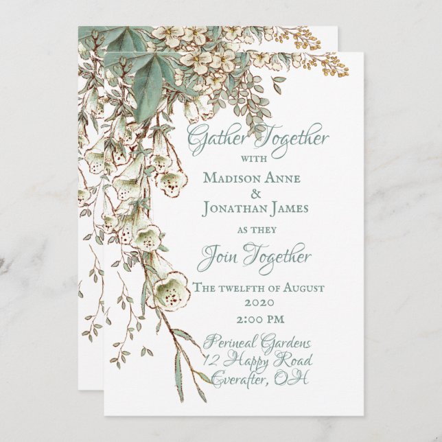 Invitation Verdure Floral Garland Script Mariage élégant (Devant / Derrière)