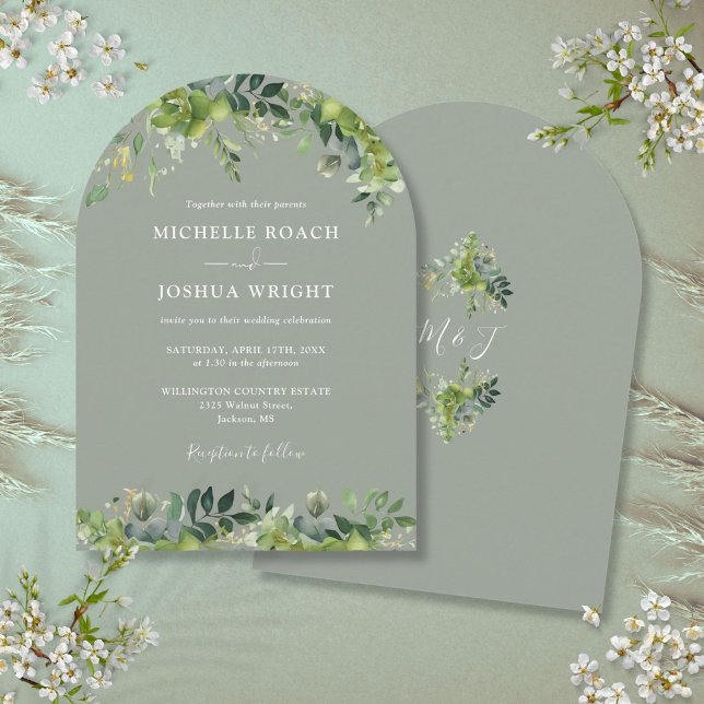 Invitation Verdure Floral Monogramme Sage Vert Mariage (Greenery Floral Monogram Sage Green Wedding Invitation)