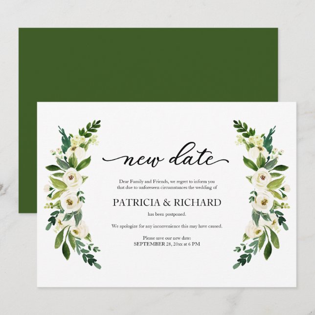 Invitation Verdure Floral Nouvelle Date Mariage Remise (Devant / Derrière)