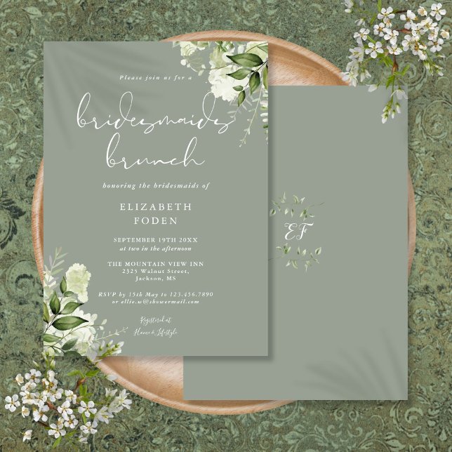 Invitation Verdure Floral Sage Green Bridesmaids Brunch (Greenery Floral Sage Green Bridesmaids Brunch Invitation)