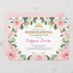 Invitation Verdure florale Quinceanera d'or rose élégant