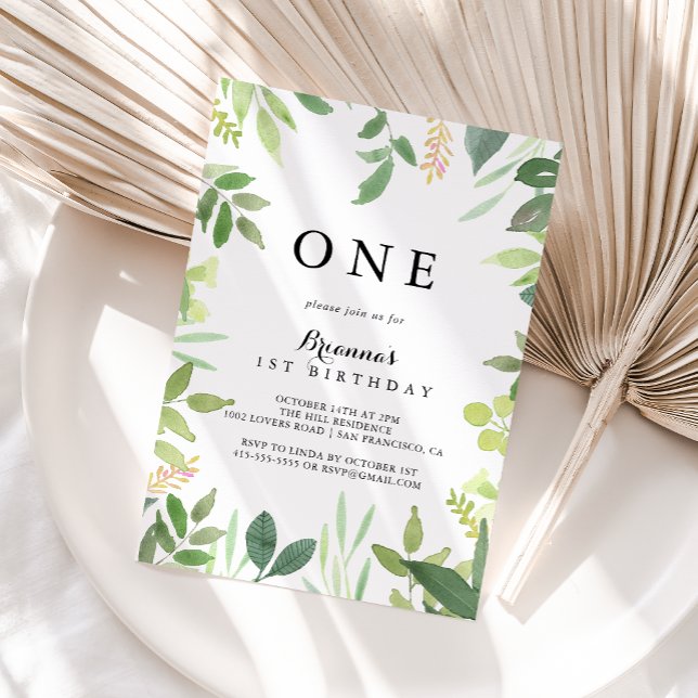 Invitation Verdure Foliage botanique Première fête d'annivers (Créateur téléchargé)
