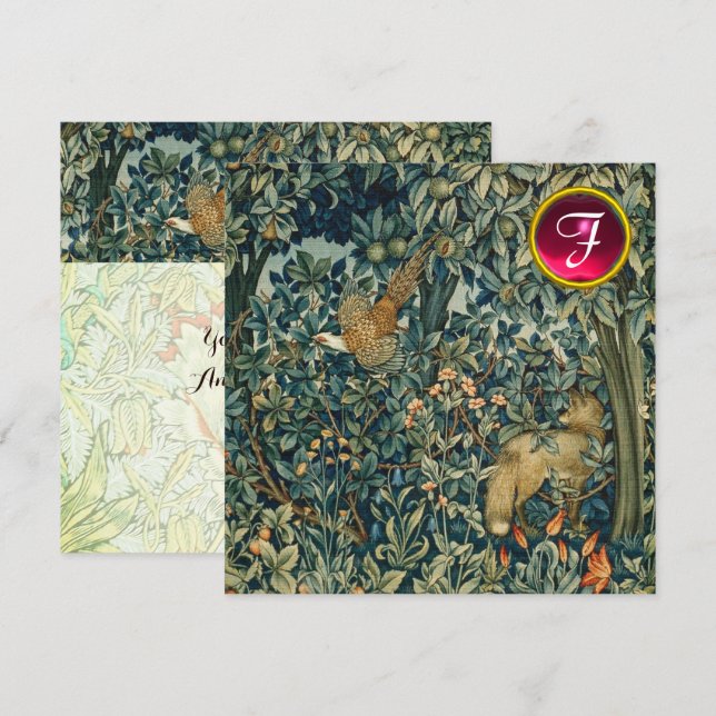 Invitation VERDURE, FOREST ANIMALS Fox, Pheasant, Vert Floral (Devant / Derrière)