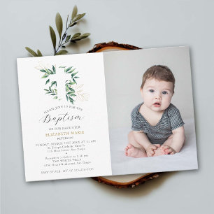 Invitation Verdure Gold Foliage Bébé Baptême Photo Baptême