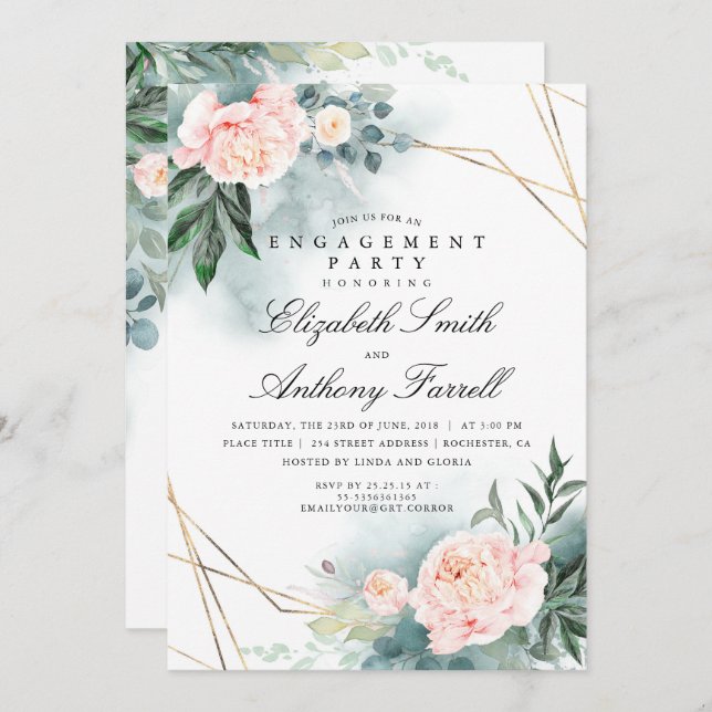 Invitation Verdure Gold Frame Rose Floral Engagement Party (Devant / Derrière)
