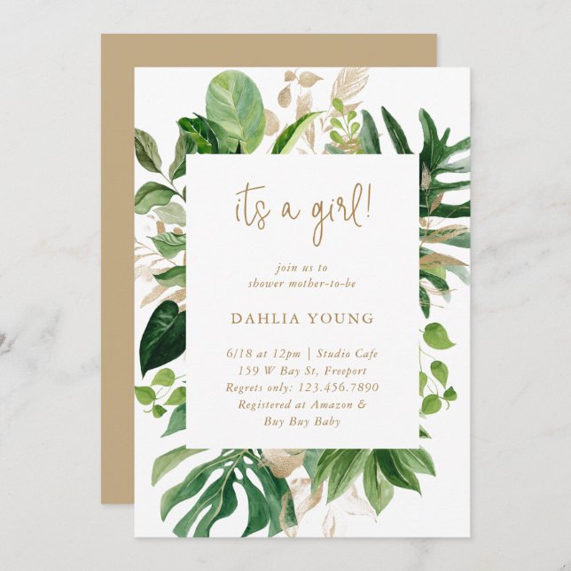 Invitation Verdure Gold Geometry Girl Baby shower tropical (Devant / Derrière)