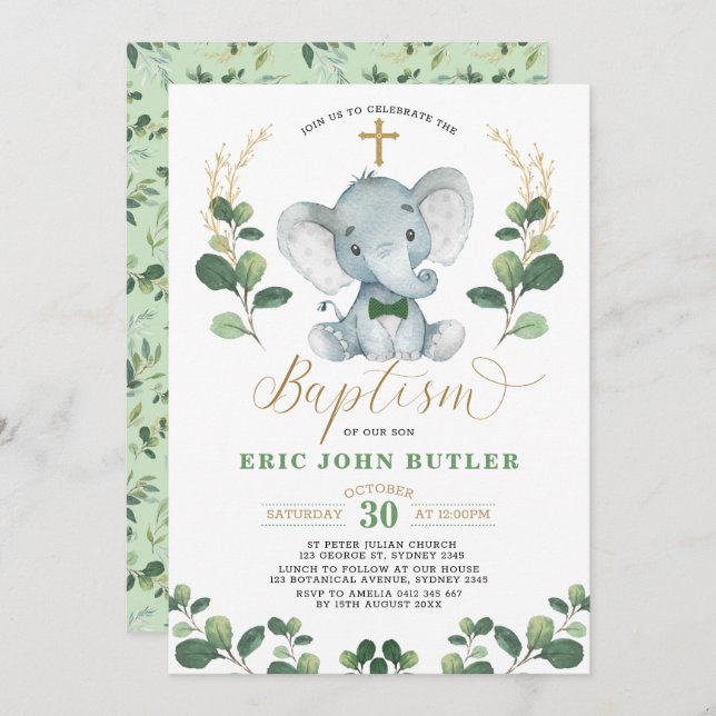 Invitation Verdure Gold Little Man Elephant Bowtie Baptême (Devant / Derrière)