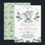 Invitation Verdure Gold Little Man Elephant Bowtie Baptême<br><div class="desc">Impressionnez vos invités avec cette belle invitation Baptême. Il présente l'illustration d'un adorable petit éléphant, une verdure d'aquarelle élégante en vert tendre et or, complétée par des lettres élégantes. Il est livré avec un motif feuille assorti sur le dos. Utilisez les champs modèle pour ajouter vos détails. Si vous souhaitez...</div>