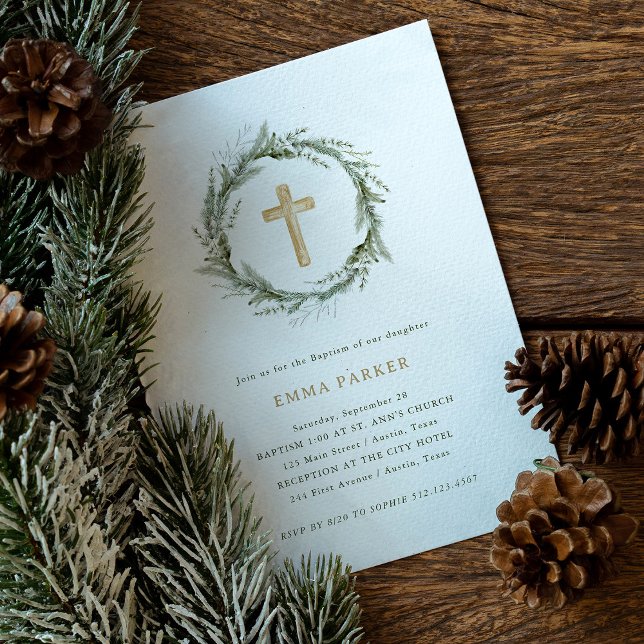 Invitation Verdure hivernale rustique | Couronne et baptême c (The perfect simple and rustic Baptism invitation with winter greenery and a wood look cross)