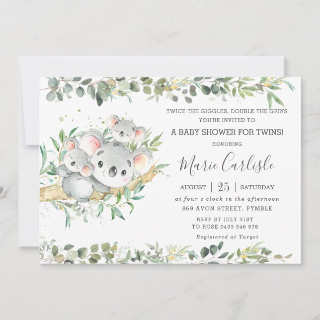 Invitation Verdure Koala Twins Gender Neutral Baby shower  (Devant)