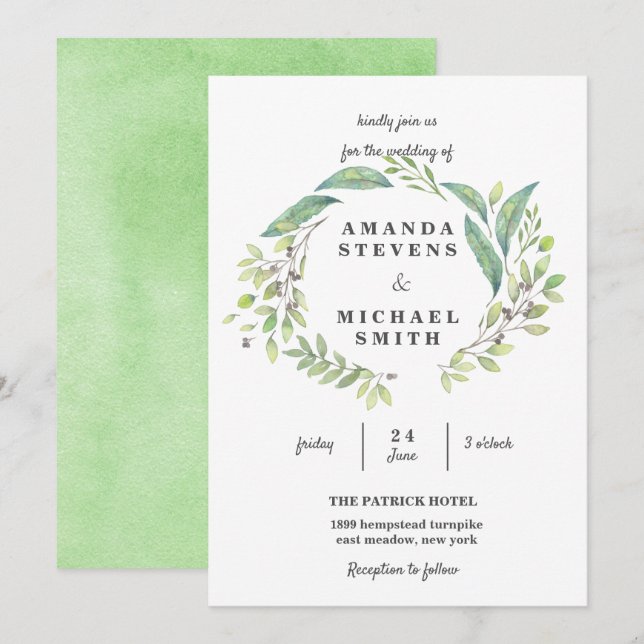 Invitation Verdure Laurel Olive Wreath Aquarelle Mariage (Devant / Derrière)