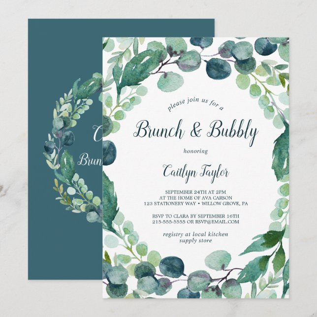 Invitation Verdure luxuriante et Eucalyptus Brunch et Bubbly (Devant / Derrière)
