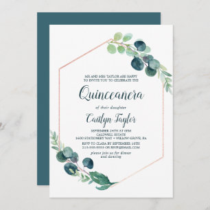 Invitation Verdure luxuriante Rose or géométrique Quinceañera