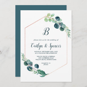 Invitation Verdure luxuriante Rose or Mariage Monogramme géom