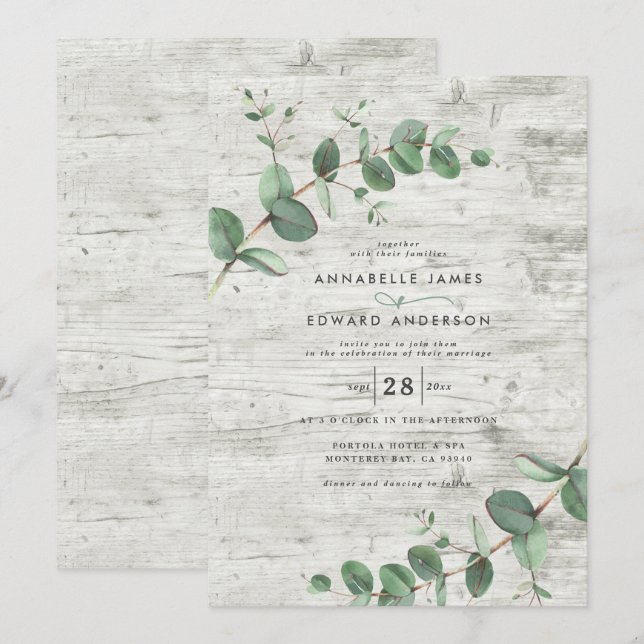 Invitation Verdure mariage Eucalyptus bois botanique blanc (Devant / Derrière)