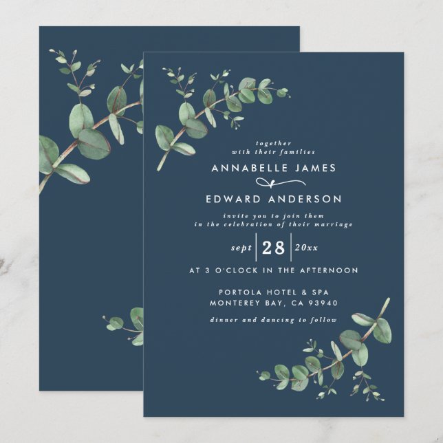 Invitation Verdure mariage Eucalyptus botanique moderne bleu (Devant / Derrière)