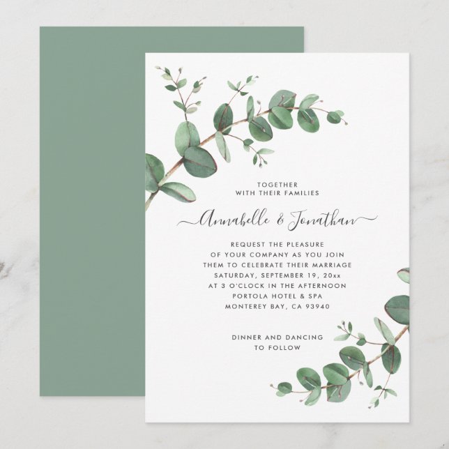 Invitation Verdure mariage Eucalyptus botanique moderne Invit (Devant / Derrière)