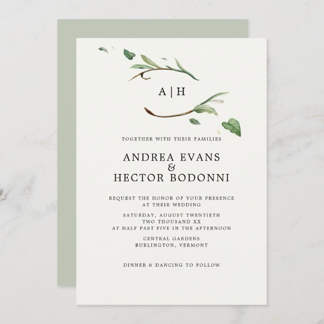 Invitation Verdure minimale Élégante Monogramme Mariage (Devant / Derrière)