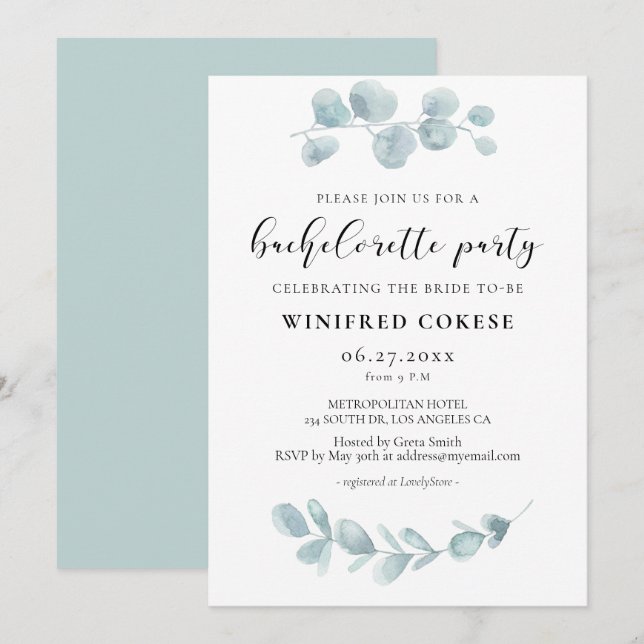 Invitation Verdure minimaliste aquarelle Bachelorette Party (Devant / Derrière)