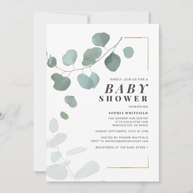Invitation Verdure moderne Baby shower botanique Eucalyptus (Devant)