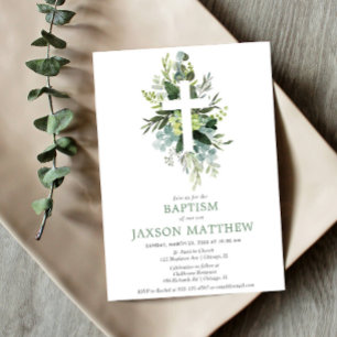 Invitation Verdure moderne eucalyptus vert feuillage baptême