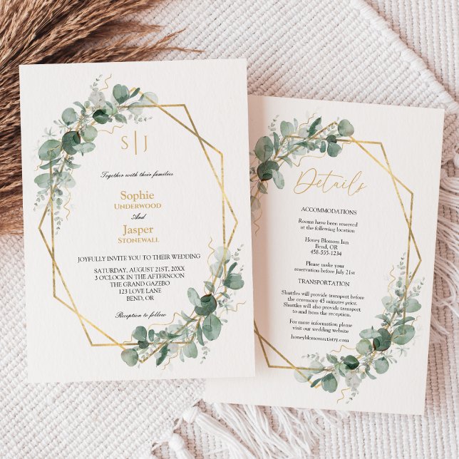 Invitation Verdure Or Simple Monogramme Tout en un Mariage (Créateur téléchargé)