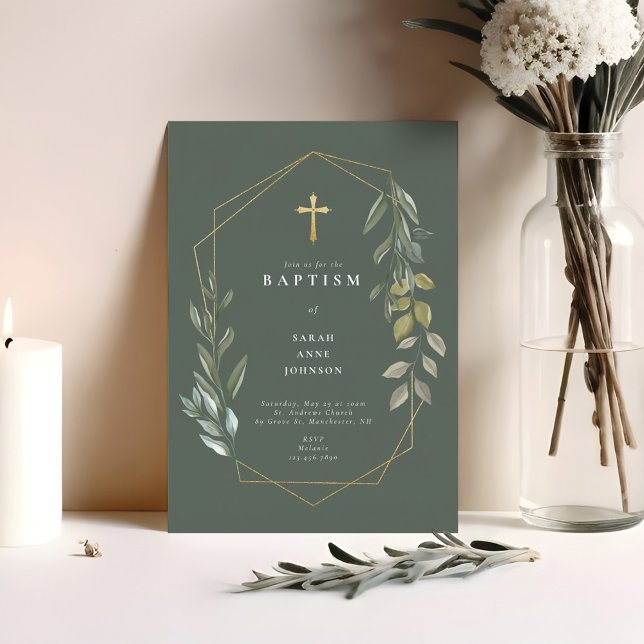 Invitation Verdure & Or Terrarium géométrique Baby Baptism (Greenery & Gold Geometric Terrarium Baby Baptism Invitation)
