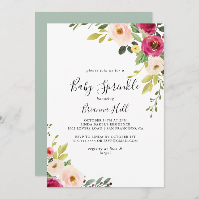 Invitation Verdure Rose Blush Floral Baby Sprinky (Devant / Derrière)